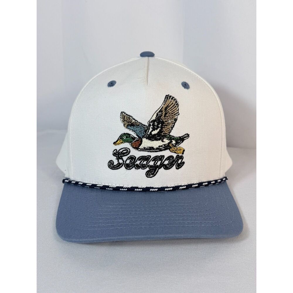 Seager Greenhead Mallard Duck Rope Hat White Blue Adjustable Snapback EUC Golf